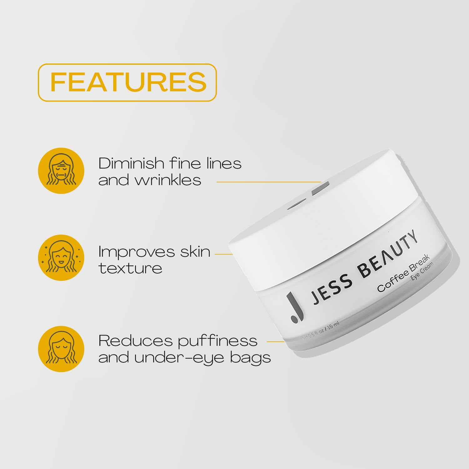 JESS BEAUTY Coffee Break Eye Cream texture hydration closeup with light, non-greasy finish.