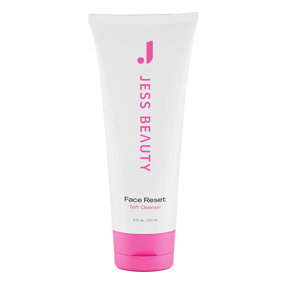 JESS BEAUTY Face Reset Cleanser bottle pump demonstrates easy, gentle daily cleansing.