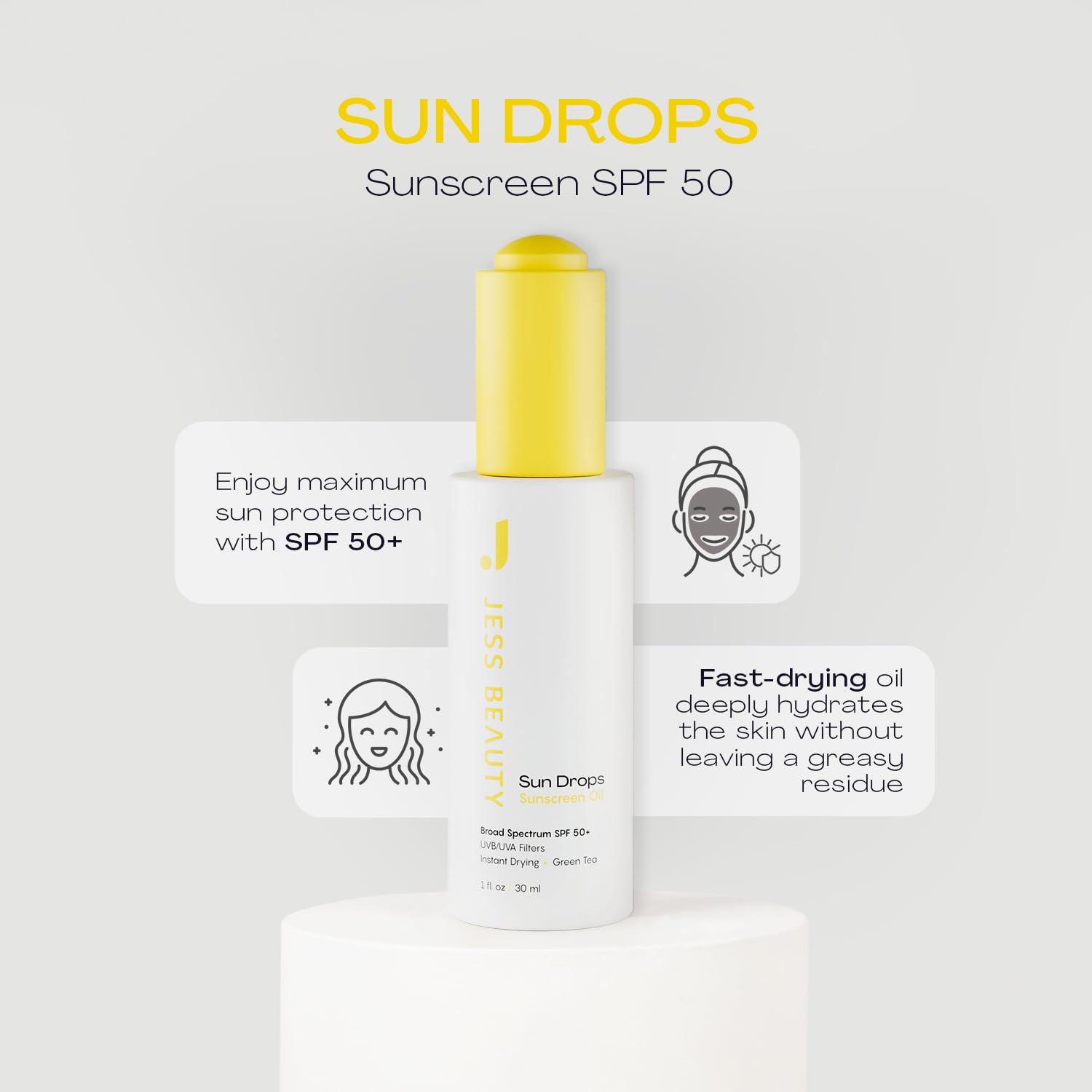 Jess Beauty Sun Drops in use demonstrates fast-absorbing hydration with a non-greasy finish.
