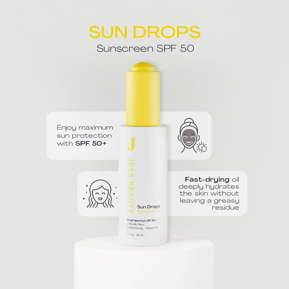 Jess Beauty Sun Drops in use demonstrates fast-absorbing hydration with a non-greasy finish.