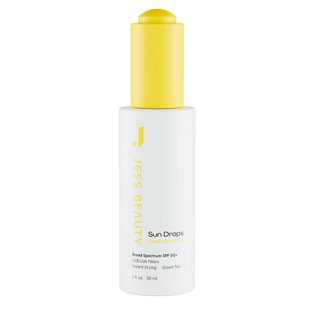 Jess Beauty Face Sunscreen Sun Drops bottle shows lightweight SPF 50 oil for daily protection.