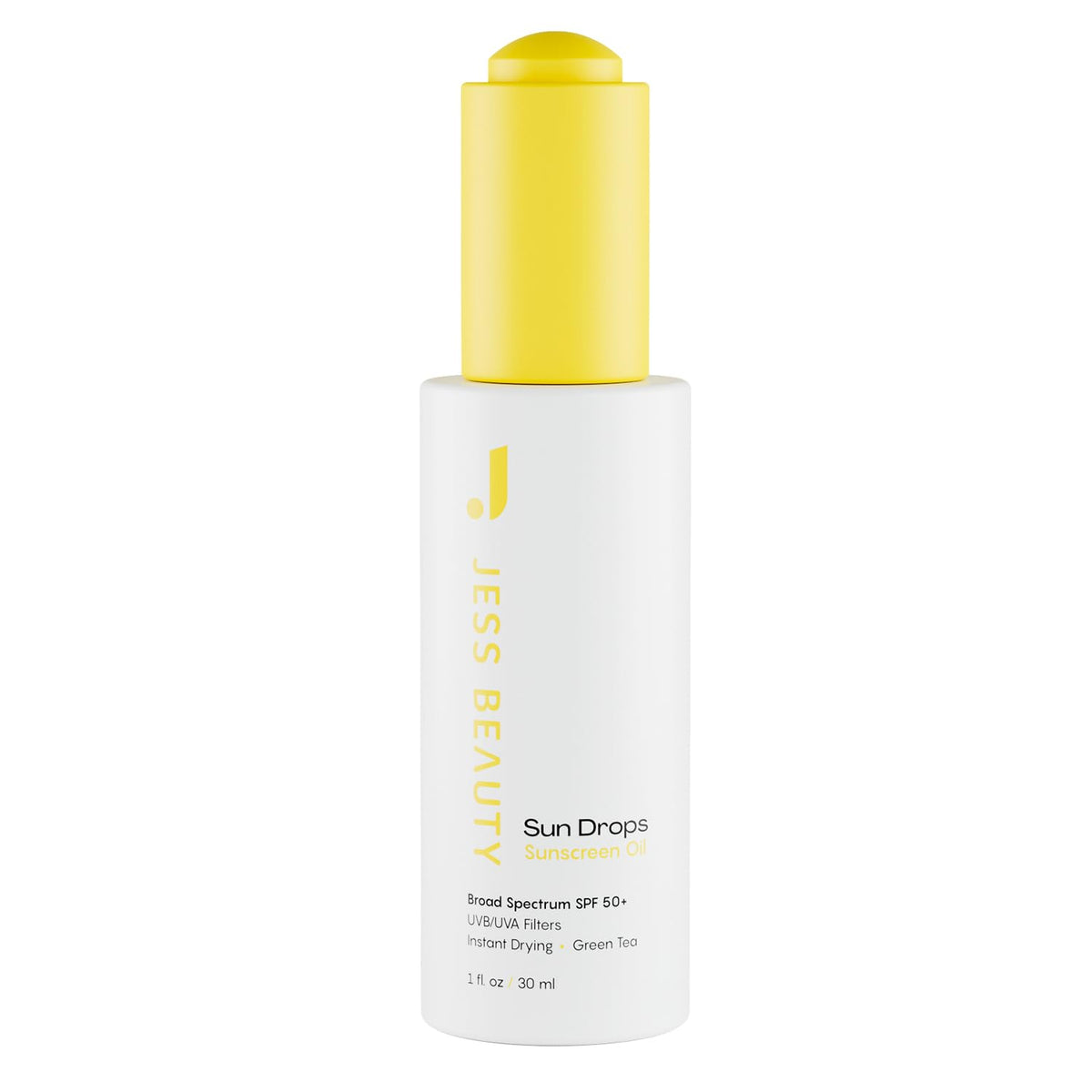 Jess Beauty Face Sunscreen Sun Drops bottle shows lightweight SPF 50 oil for daily protection.