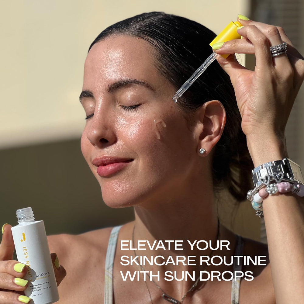 Packaging highlights travel-friendly 1 fl oz bottle from Jess Beauty Sun Drops.