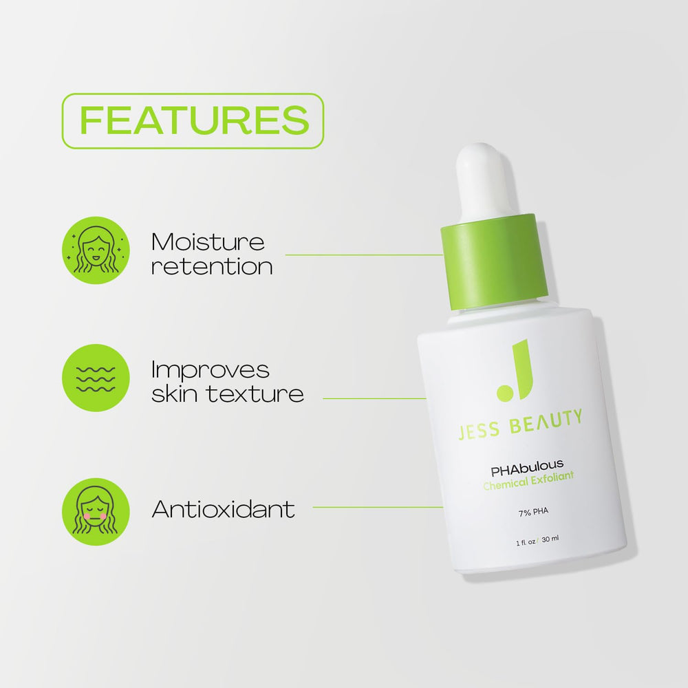 JESS BEAUTY PHAbulous Exfoliant ingredients highlighted by gluconolactone and macadamia oil