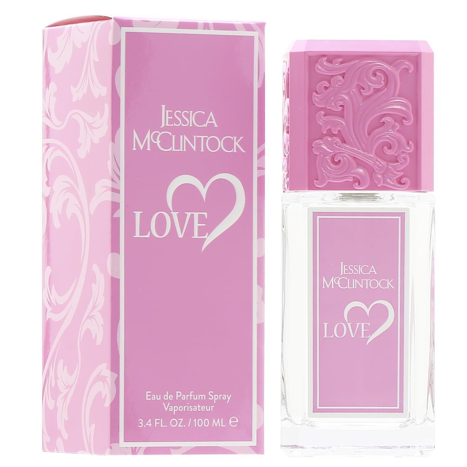 Jessica McClintock Love bottle front shows pink hue and elegant design for refined everyday glamour