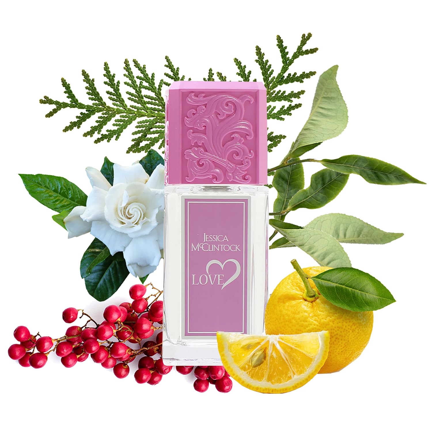 Jessica McClintock Love fragrance closeup highlights floral notes and pink tones for romantic allure