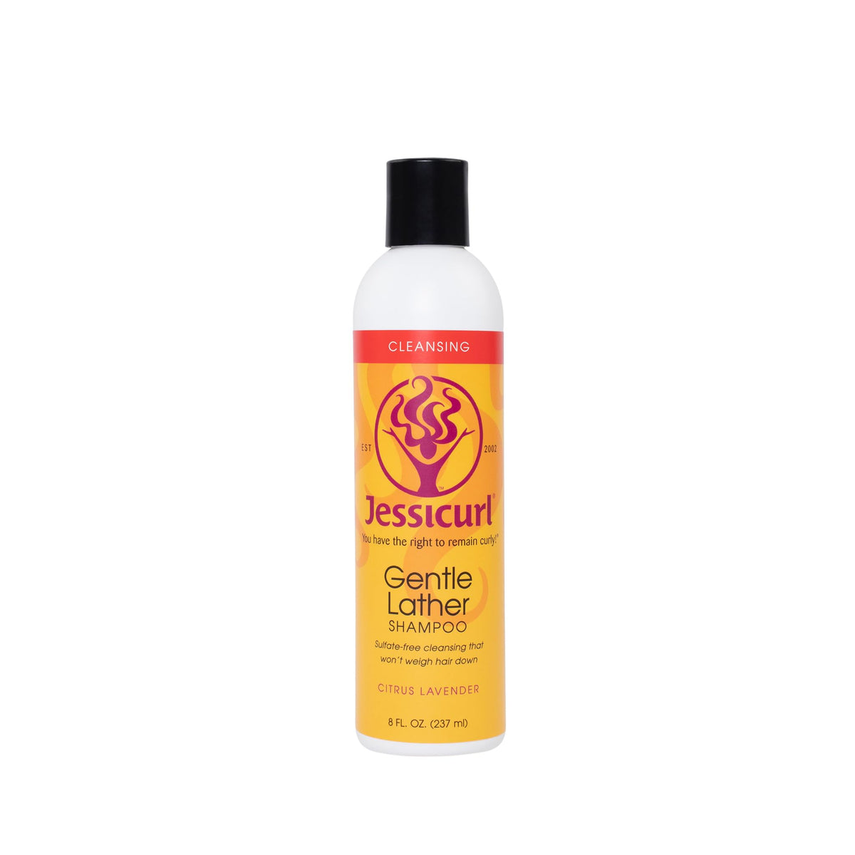 Jessicurl Gentle Lather Shampoo Citrus Lavender bottle shows light cleansing for color-treated hair.