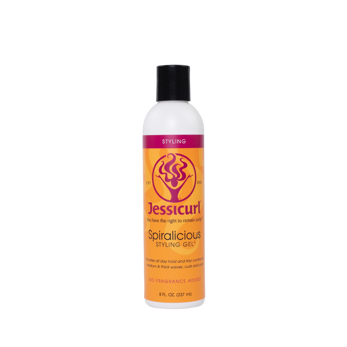 Jessicurl Spiralicious Gel bottle front showing fragrance-free, curl-defining hold.
