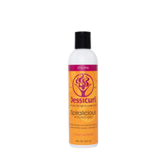 Jessicurl Spiralicious Citrus Lavender gel bottle showing defined curls and frizz control