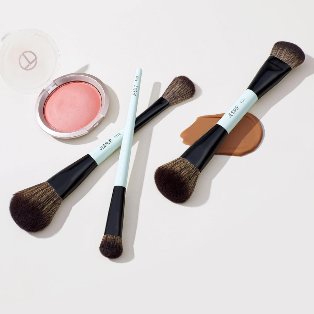 Jessup brushes shown on skin, demonstrating smooth foundation and contour blending.