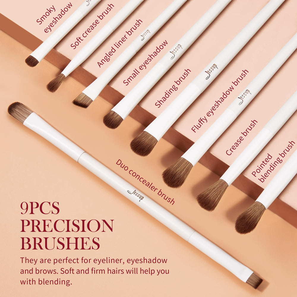Jessup concealer and eyeliner brushes enable precise correction and definition.