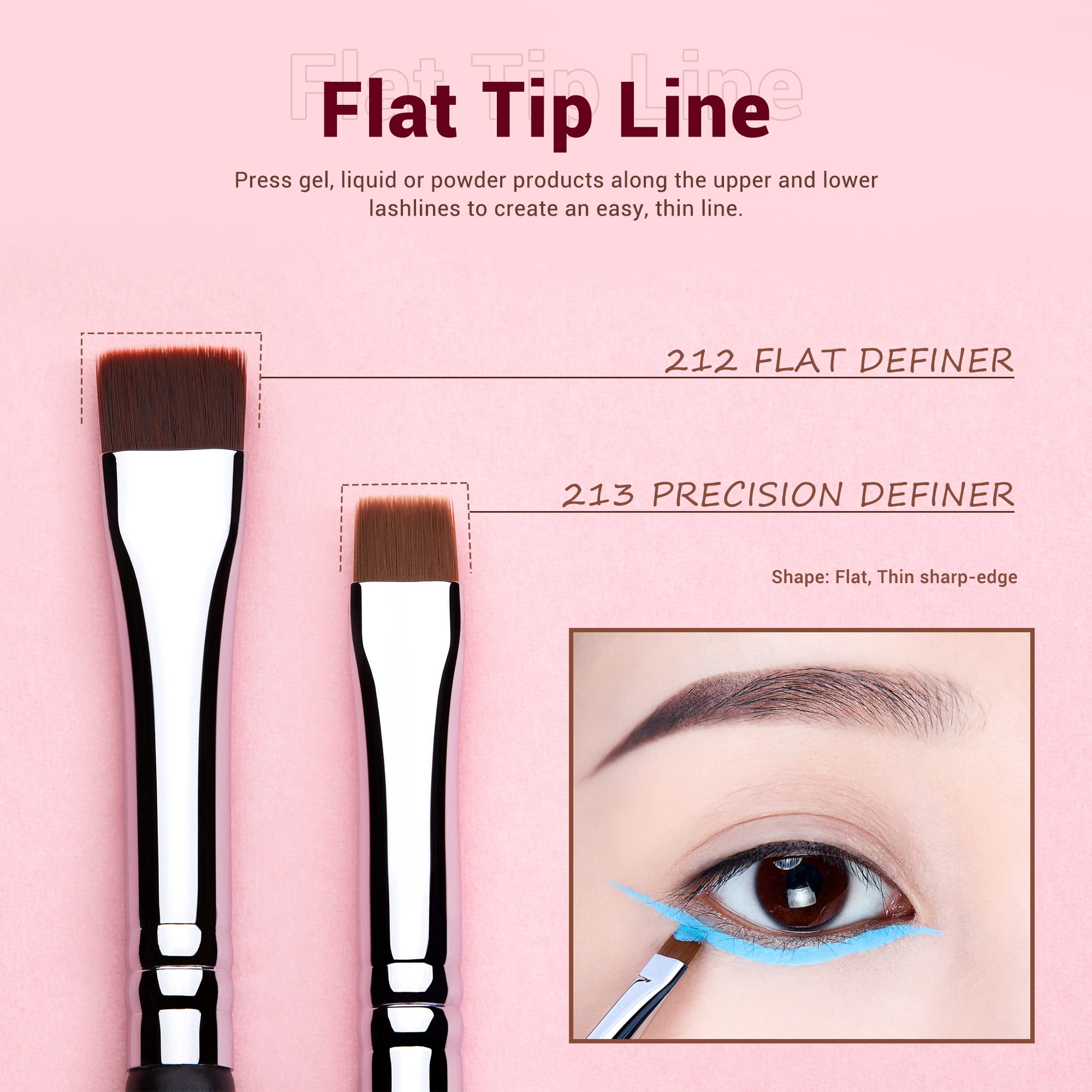 Jessup angled eyeliner brushes enable direct lash-line placement at controlled angles