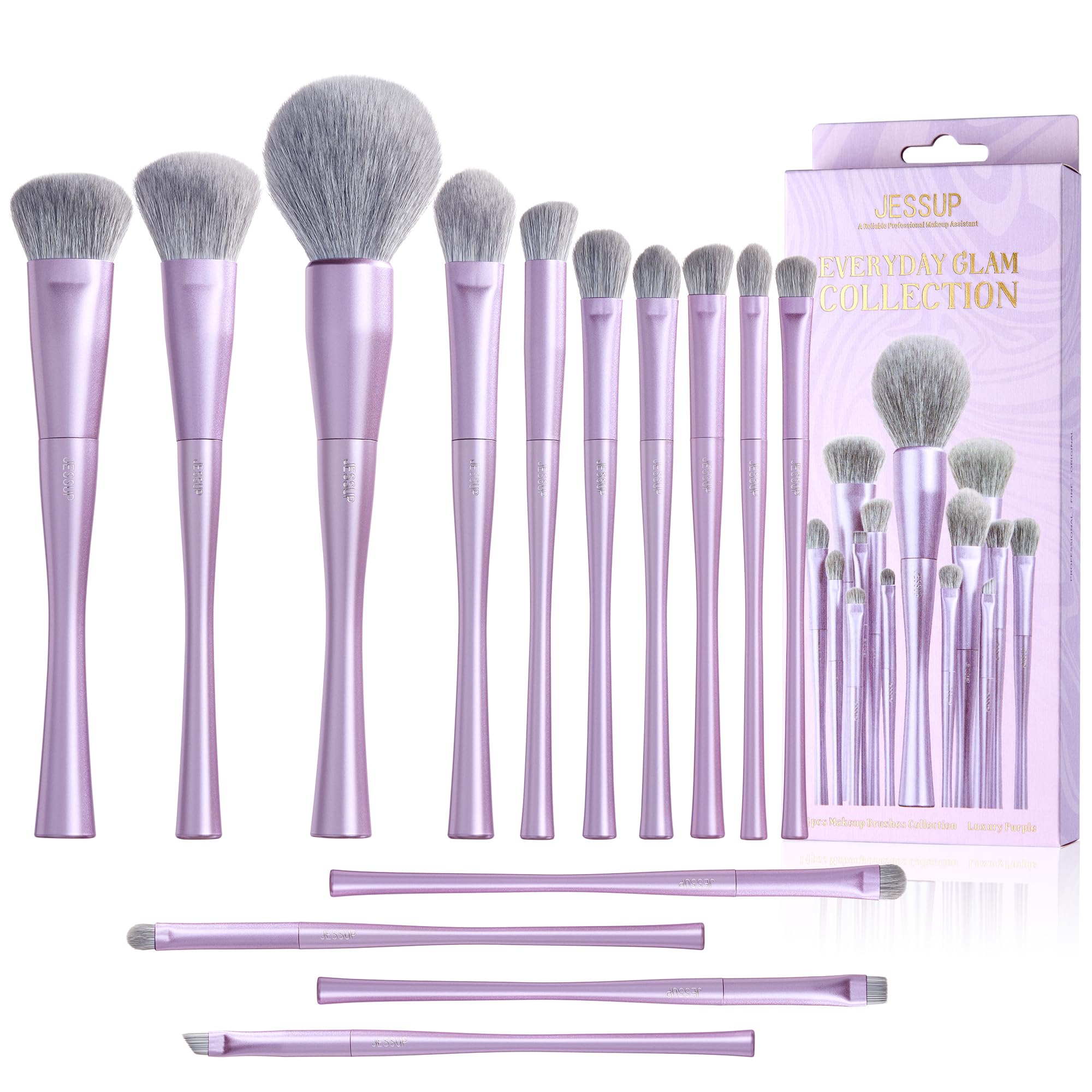 Jessup makeup brushes set 14pcs front view with purple handles for flawless base makeup.
