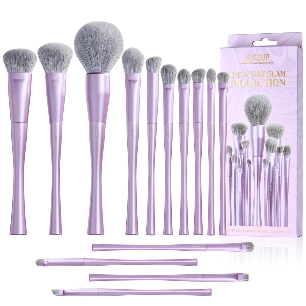 Jessup makeup brushes set 14pcs front view with purple handles for flawless base makeup.