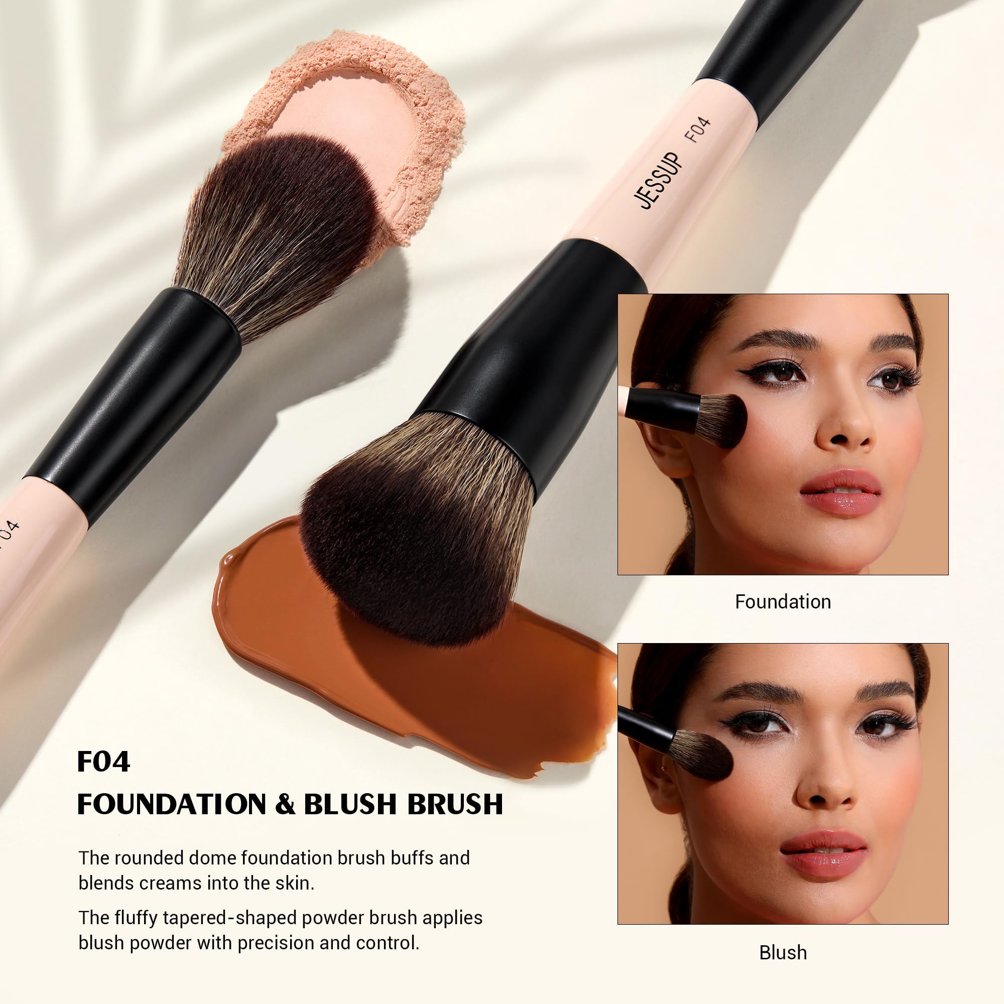 Jessup Peach Dust contour-detail brush provides precise sculpting for defined cheekbones.