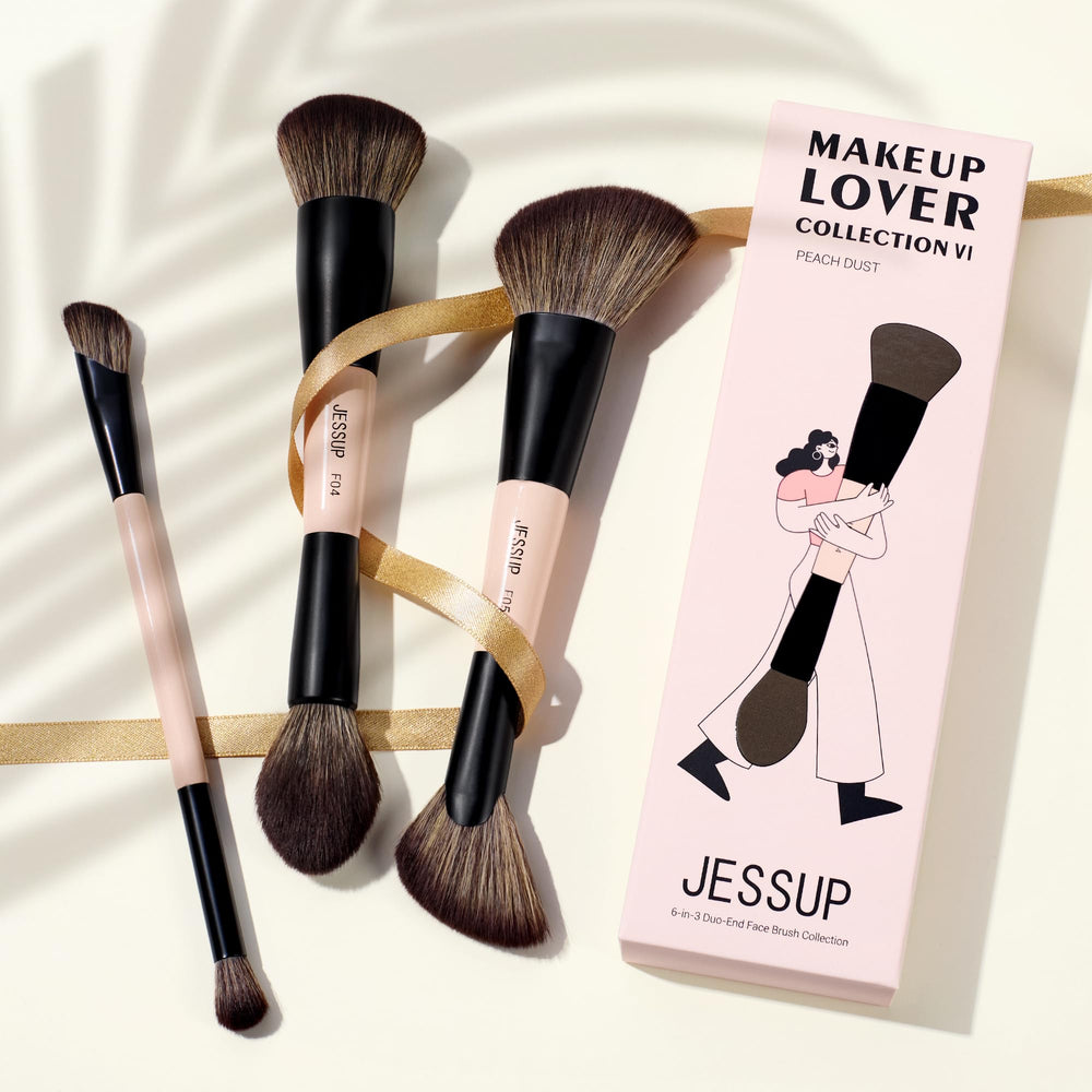 Jessup Peach Dust six-in-three-heads close-up shows versatile makeup tools.