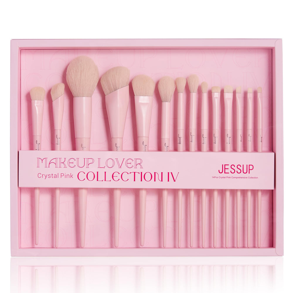 Jessup pink 14-piece makeup brush set in packaging for gifting and travel.