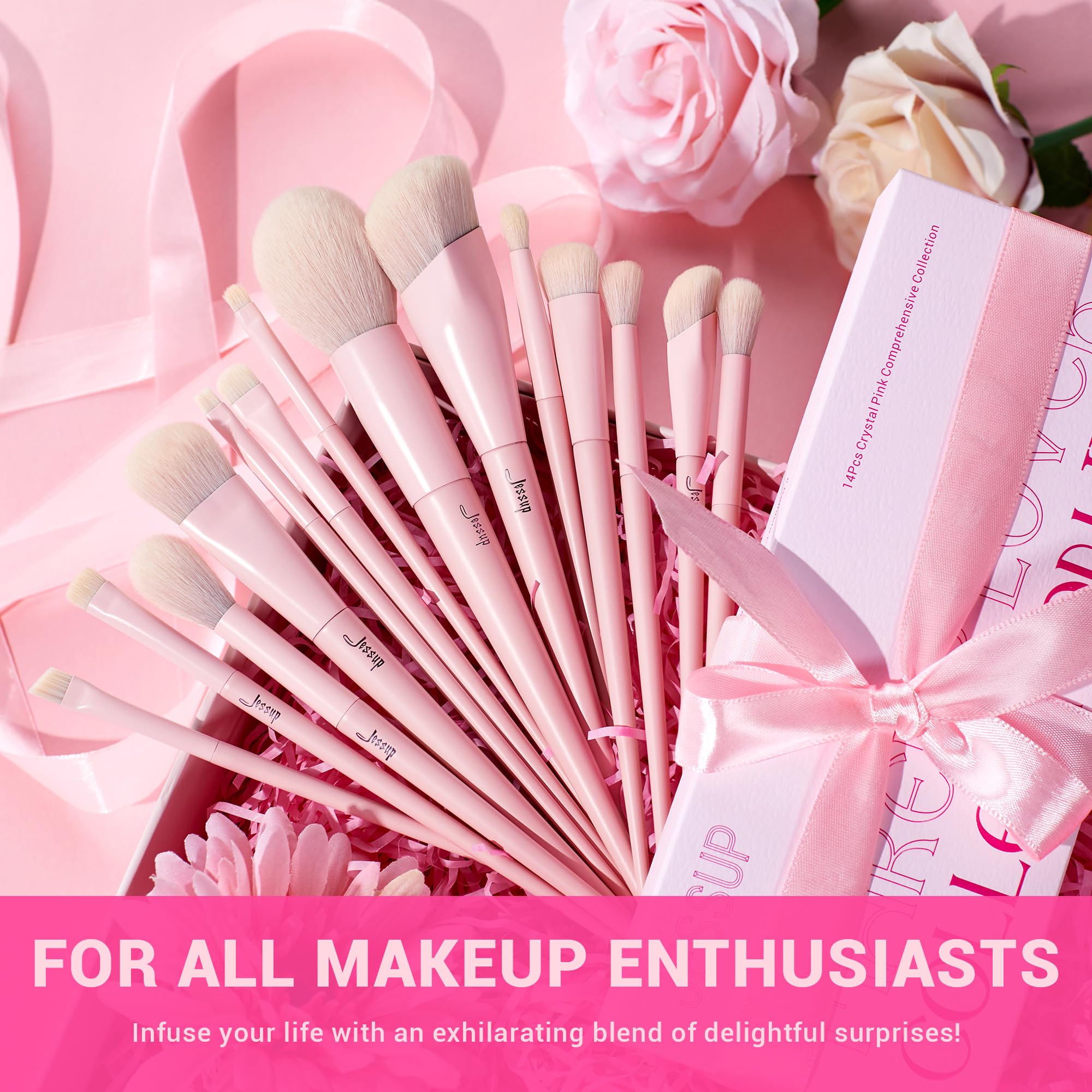 Jessup pink makeup brushes set 14pcs brushes arranged on dresser highlighting full collection versatility