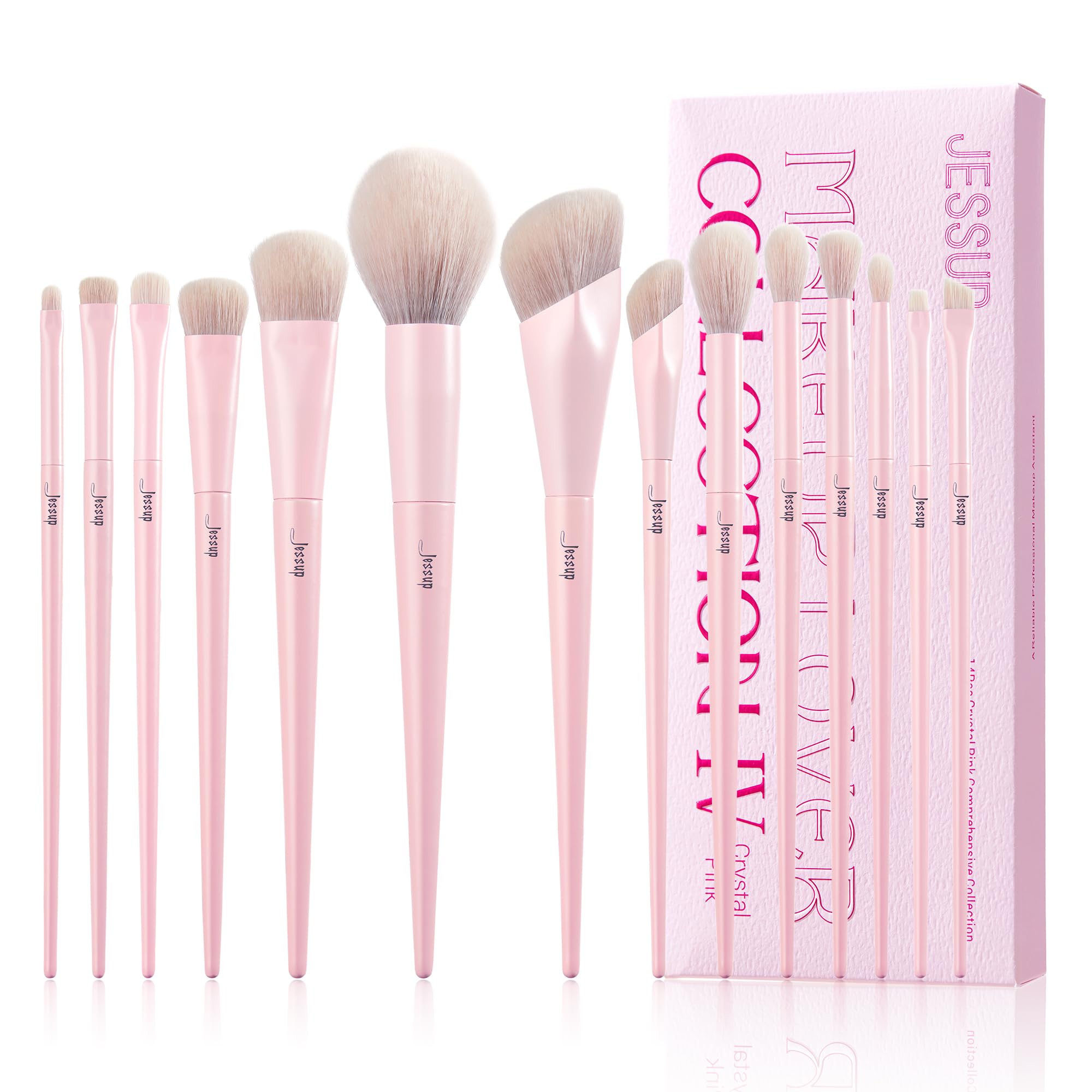 Jessup pink makeup brushes set 14pcs full set on dresser for versatile daily looks