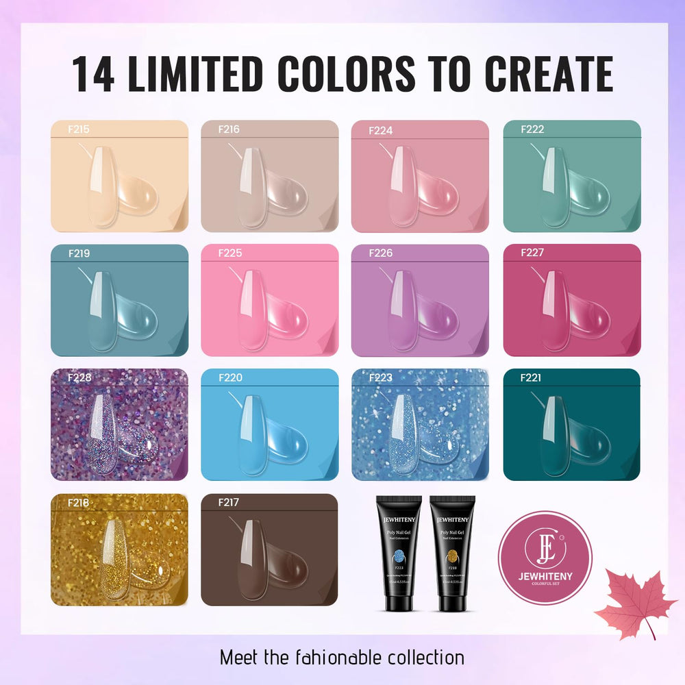 JEWHITENY 14-color poly gel set enables versatile nail looks.