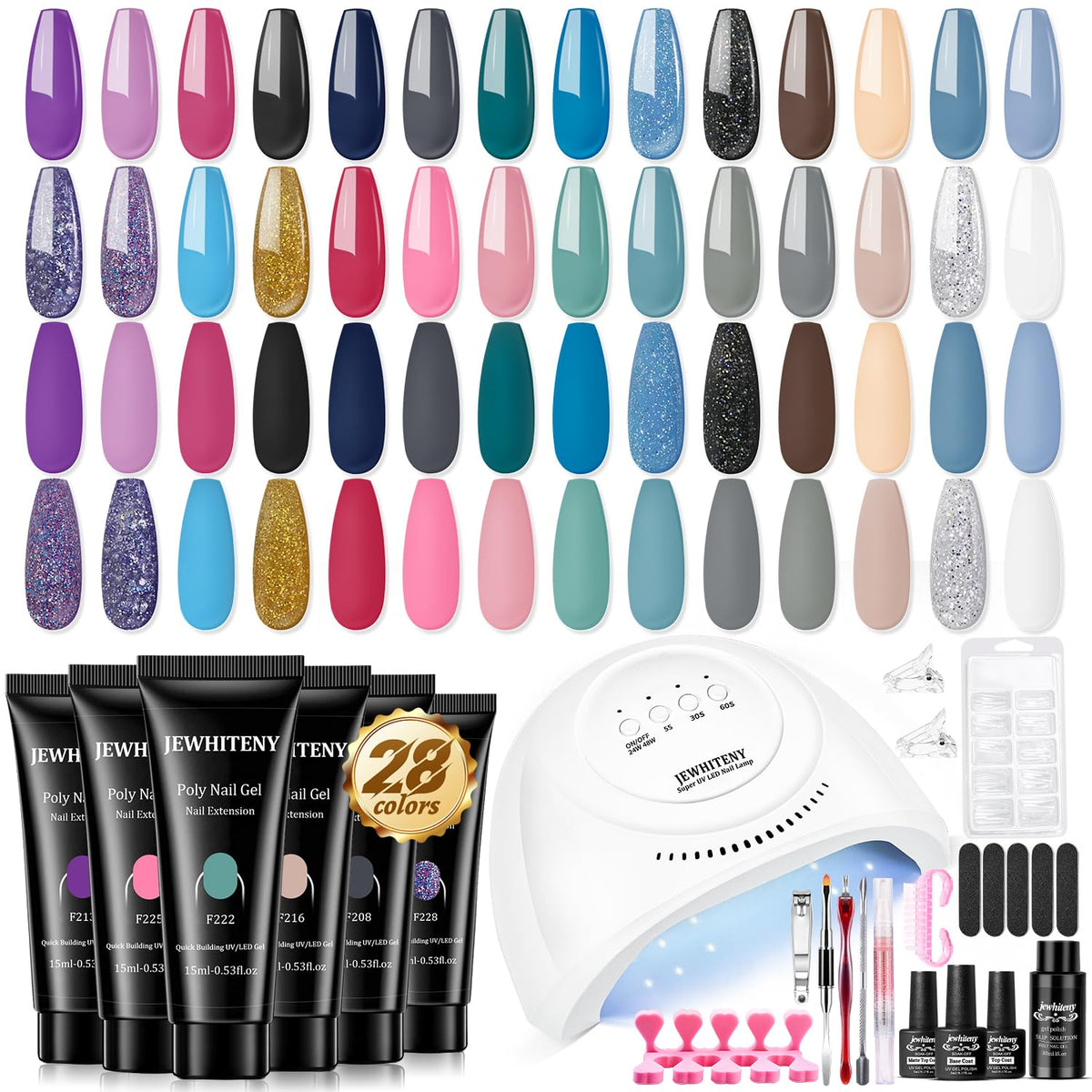 JEWHITENY 28 colors poly nail gel kit swatches for versatile at-home DIY manicures.
