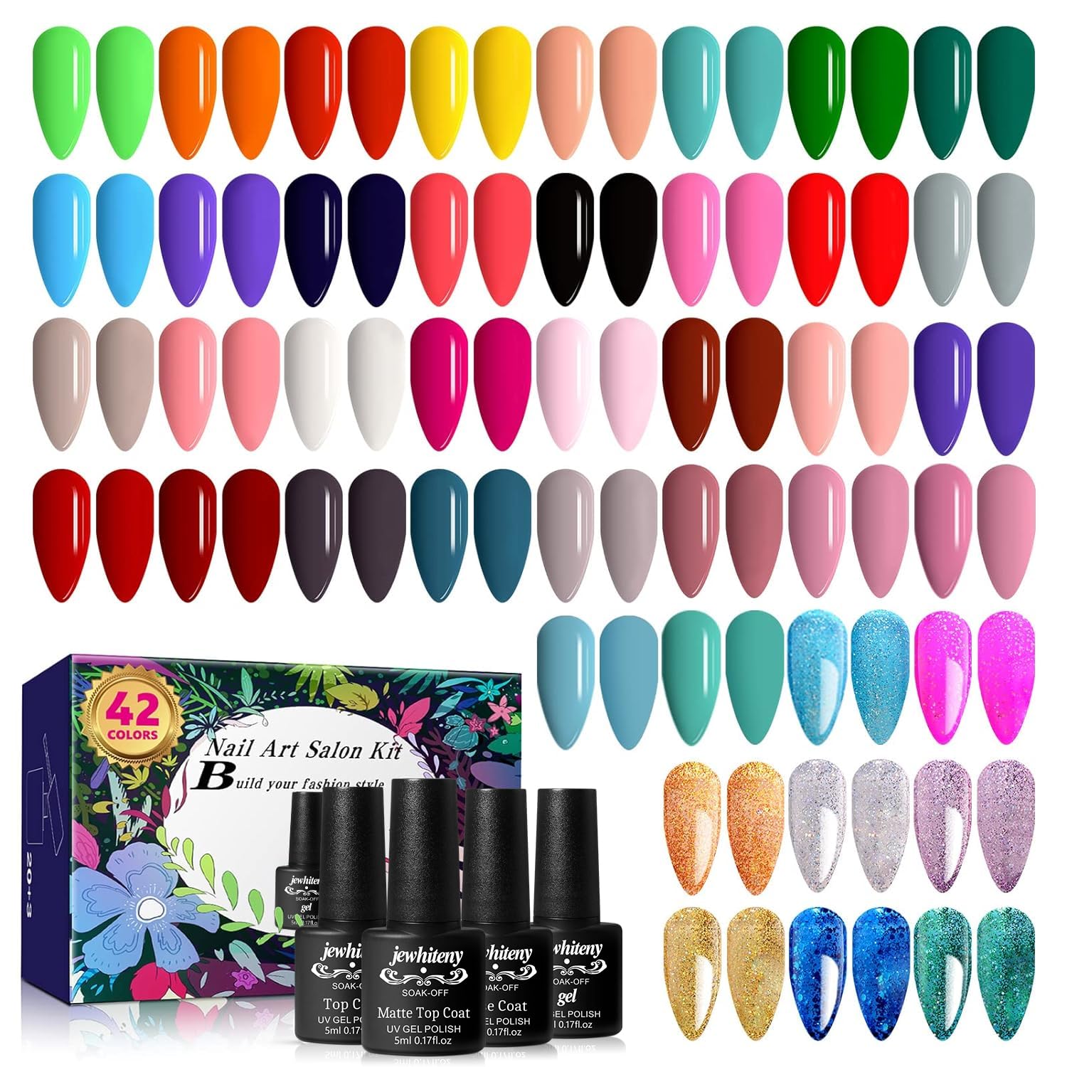 JEWHITENY 42-color gel nail polish set with vibrant shades for diverse looks.