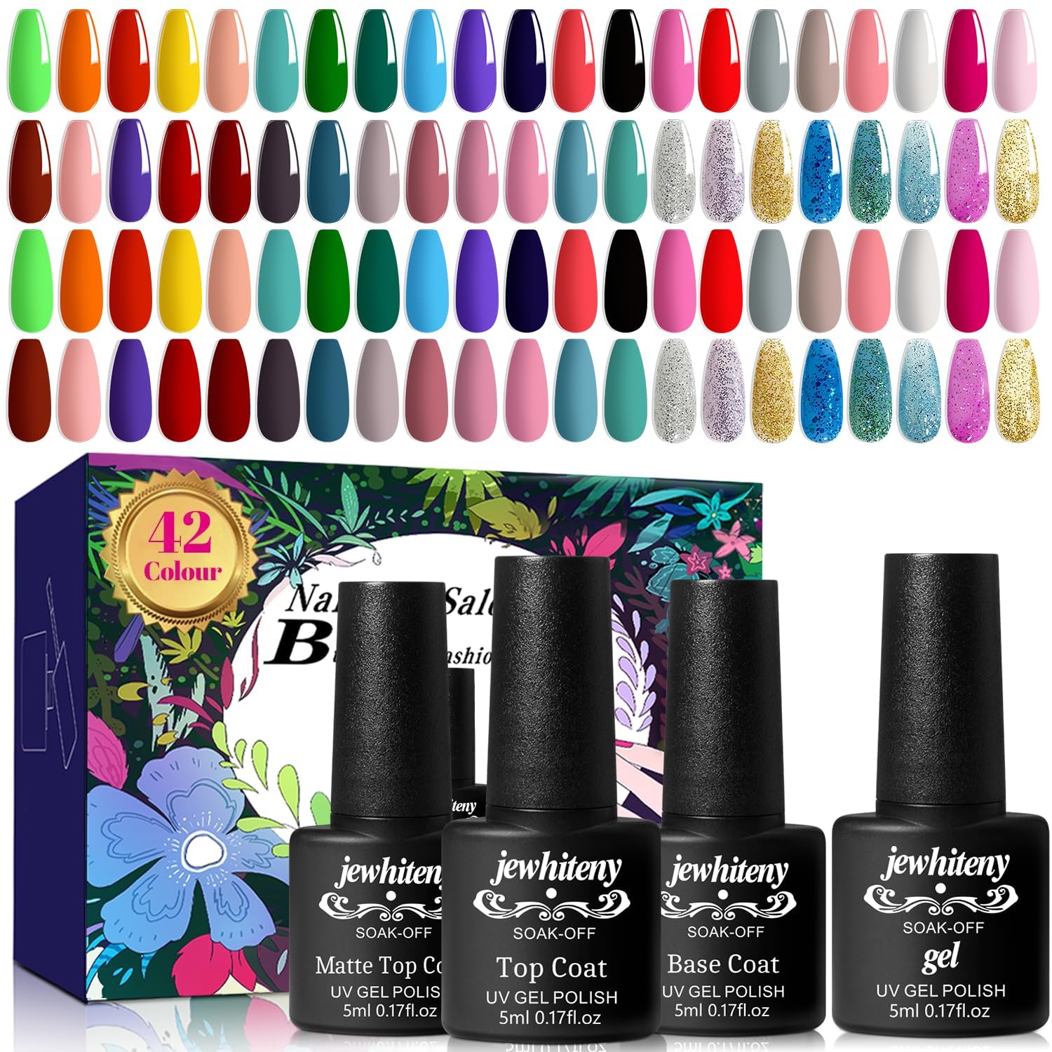 jewhiteny 42-color swatch palette shows diverse shades for day-to-night gel nails