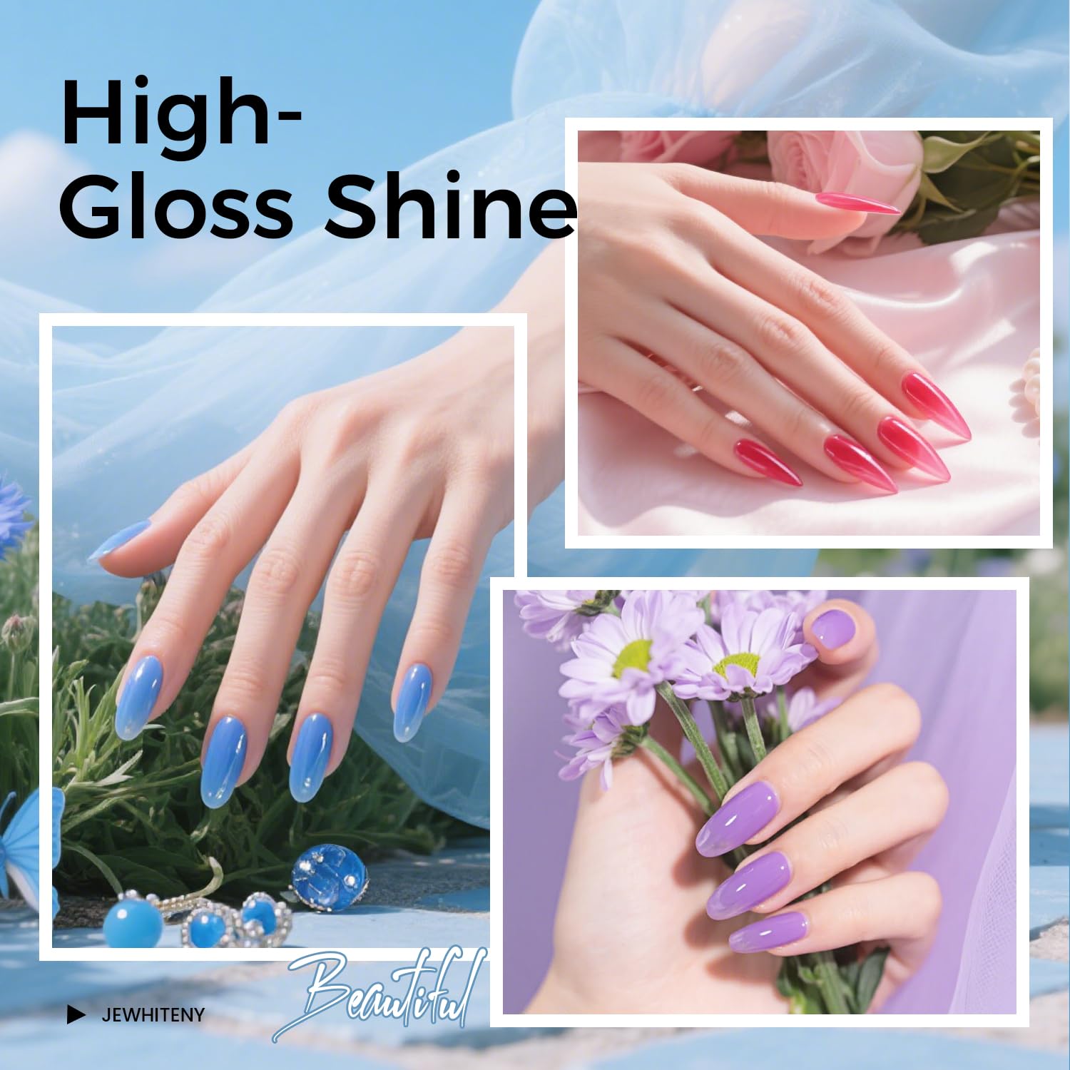 JEWHITENY base and top coats create lasting finishes with glossy or matte options