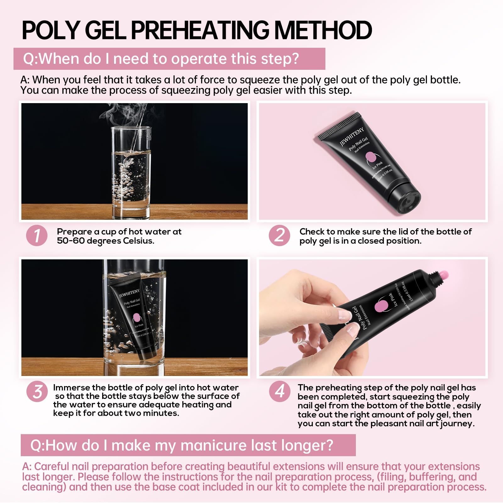 JEWHITENY winter-prep tip shows preheating gel for easier shaping.