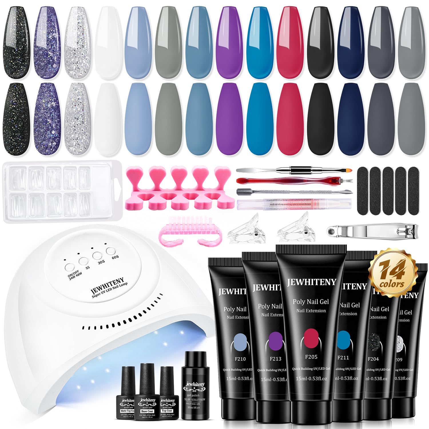 JEWHITENY kit gel poly 14 colores: variedad versátil para diseños duraderos en casa.