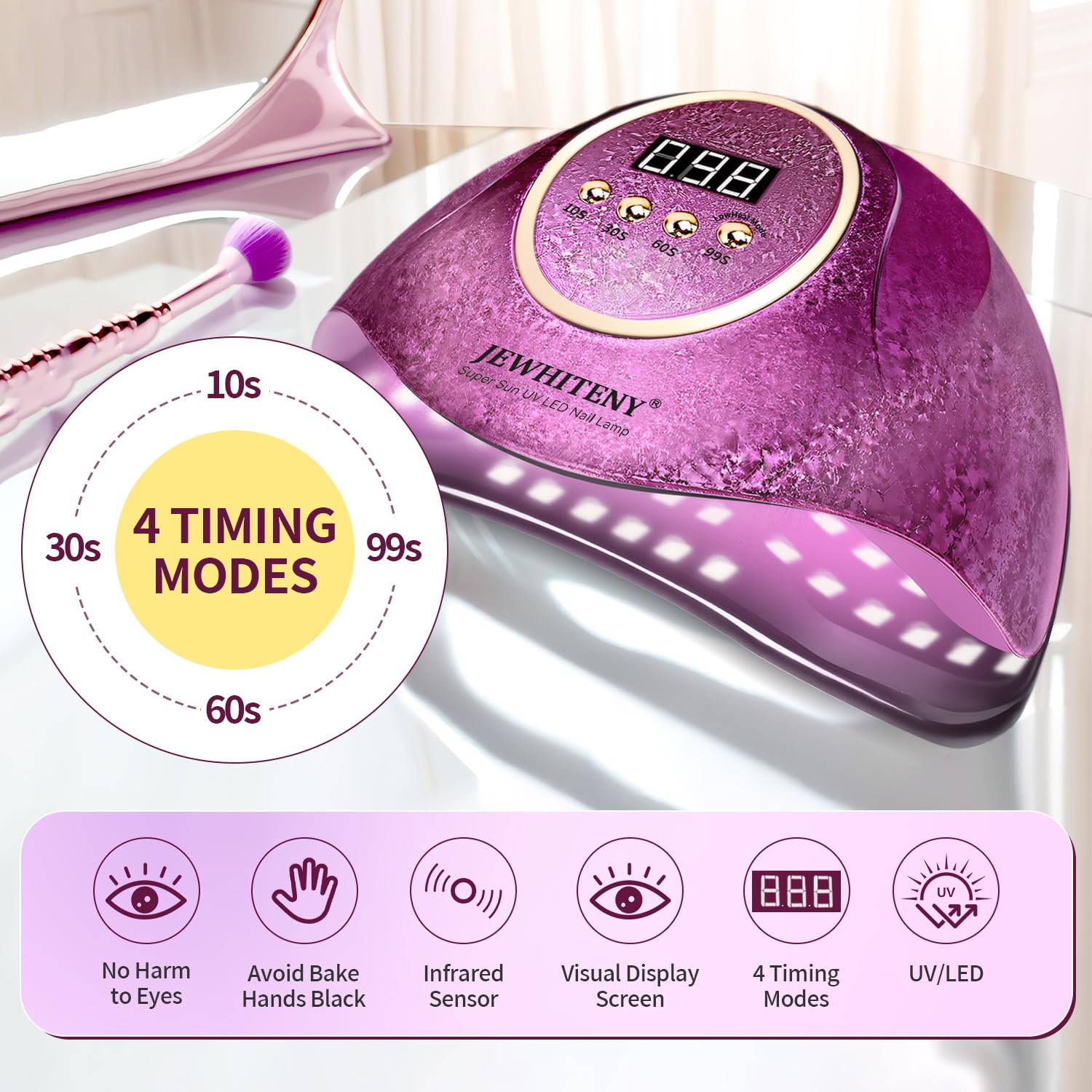 JEWHITENY Pink UV Gel Nail Lamp digital display showing precise timer control