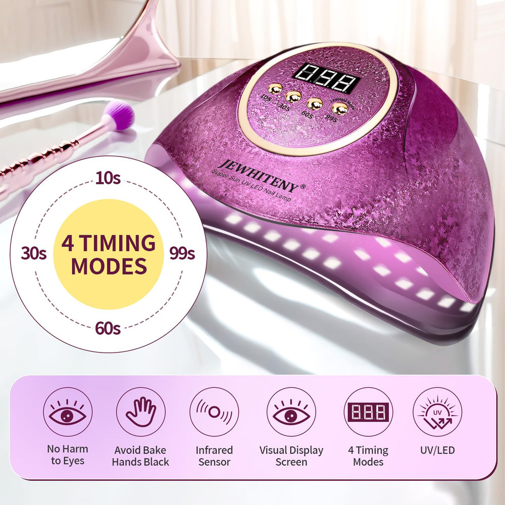 JEWHITENY Pink UV Gel Nail Lamp digital display showing precise timer control