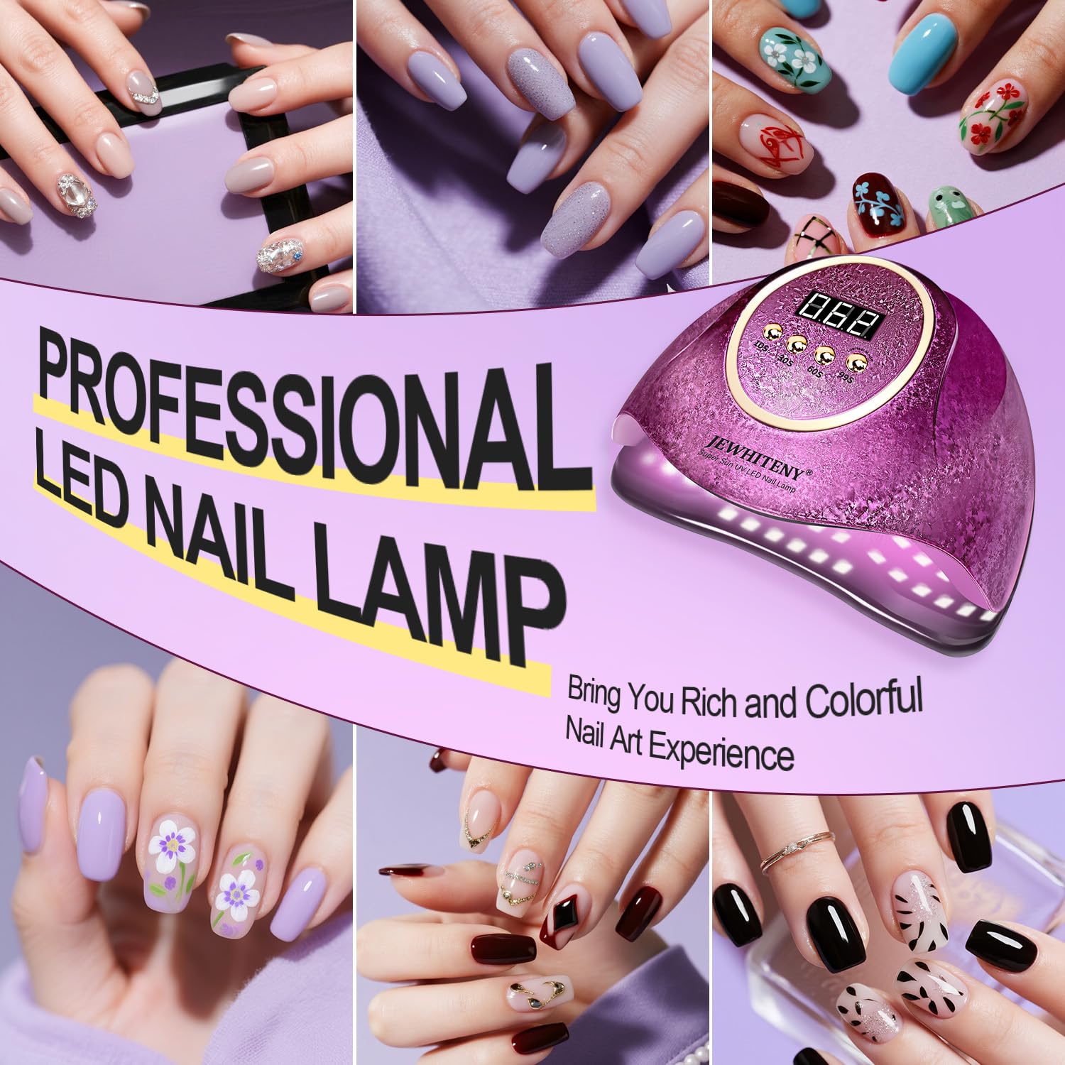 JEWHITENY Pink UV Gel Nail Lamp hand under light during use, fast curing