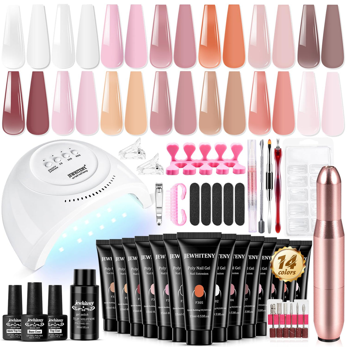 JEWHITENY poly gel kit lamp for fast cures and salon-quality nails.