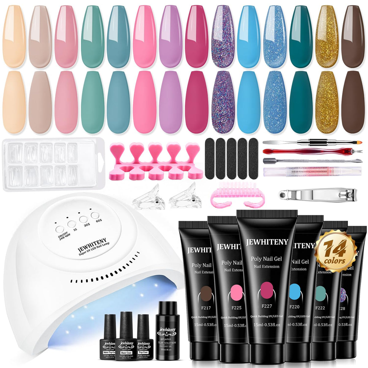 JEWHITENY poly gel nail kit with 48W lamp for quick salon-quality nails.