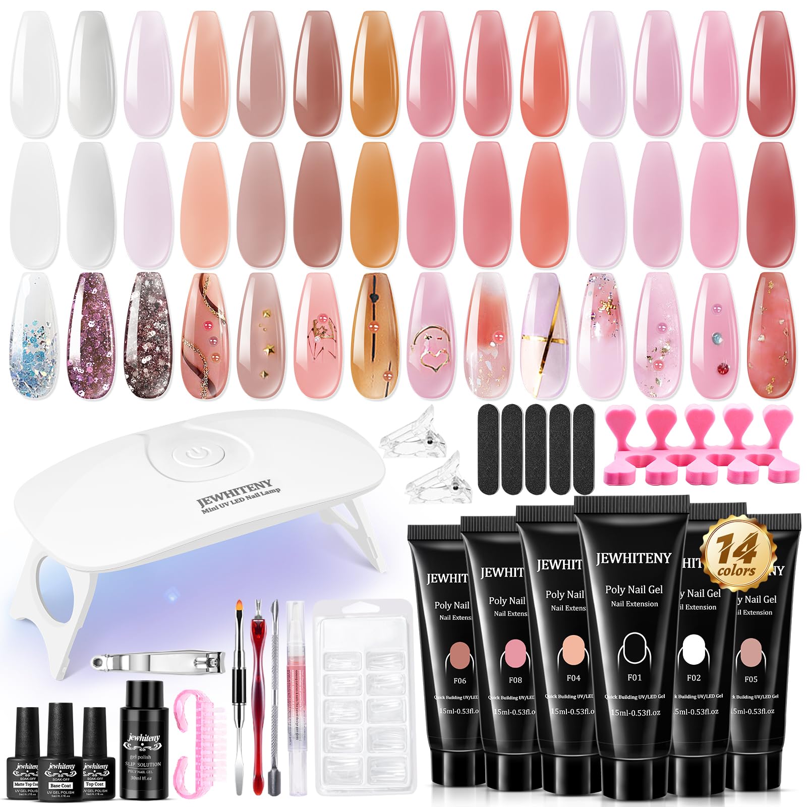 JEWHITENY 14-color poly nail gel kit offers versatile at-home color options.