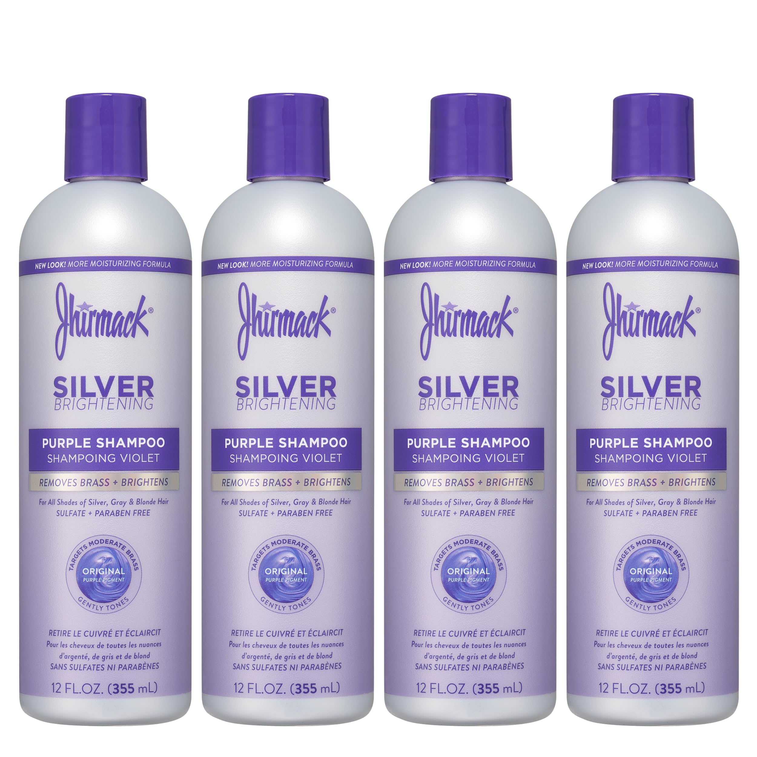 Jhirmack Silver Brightening Purple Shampoo 4-pack bottles on display for color-safe nourishment of silver hair