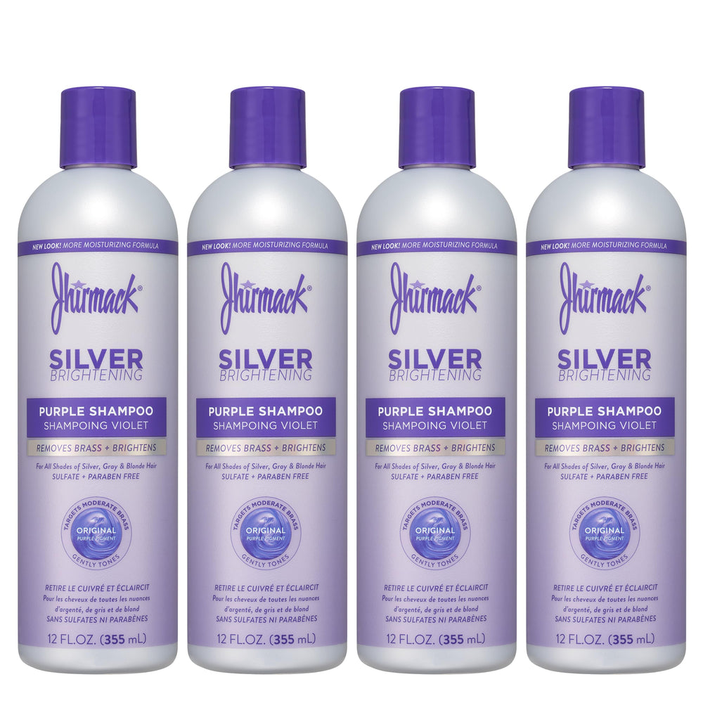 Jhirmack Silver Brightening Purple Shampoo 4-pack bottles on display for color-safe nourishment of silver hair