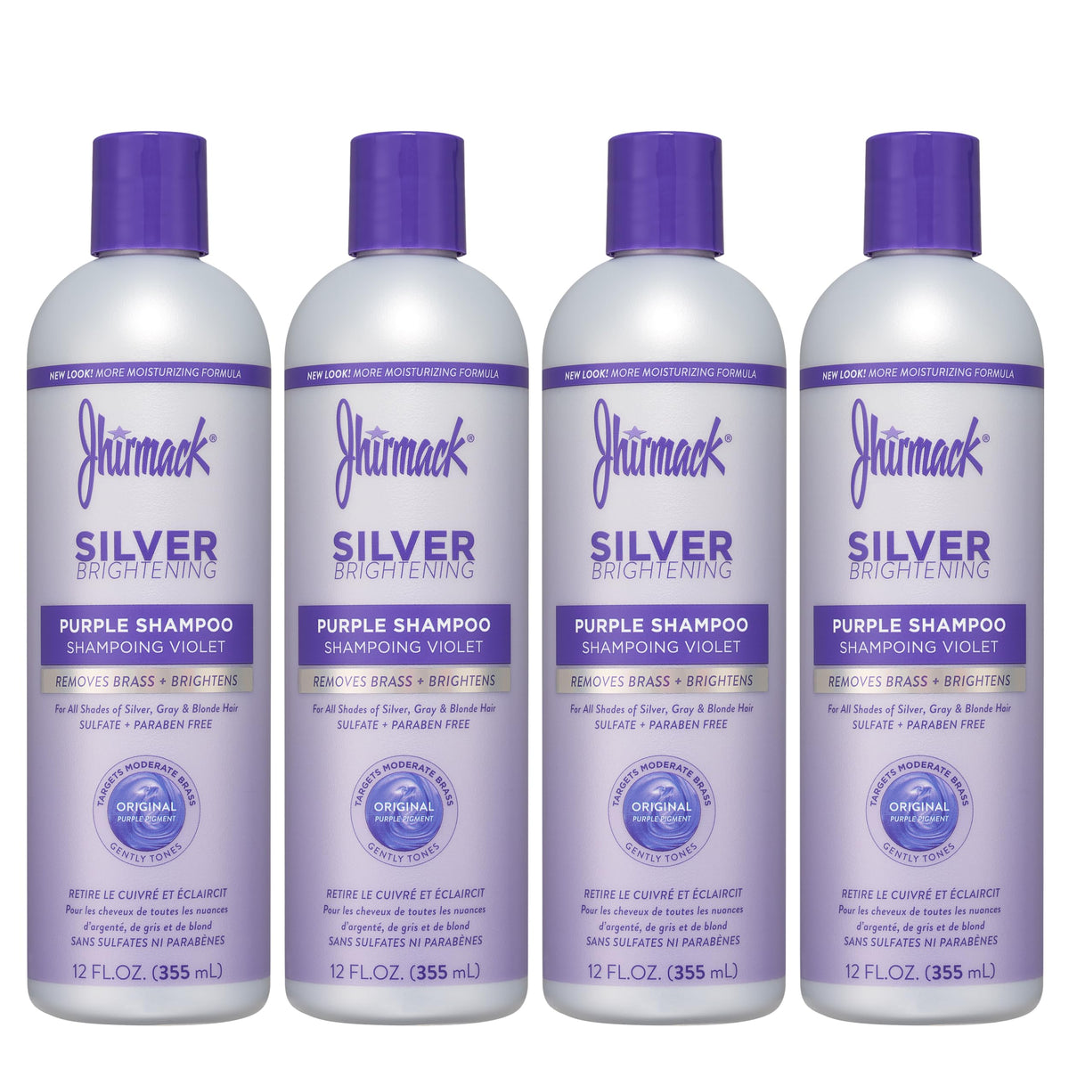 Jhirmack Silver Brightening Purple Shampoo 4-pack bottles on display for color-safe nourishment of silver hair