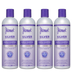 Jhirmack Silver Brightening Purple Shampoo 4-pack bottles on display for color-safe nourishment of silver hair