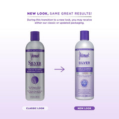 Jhirmack Silver Brightening Purple Shampoo 4-pack label closeup emphasizing nourishing macadamia oil for coarse hair