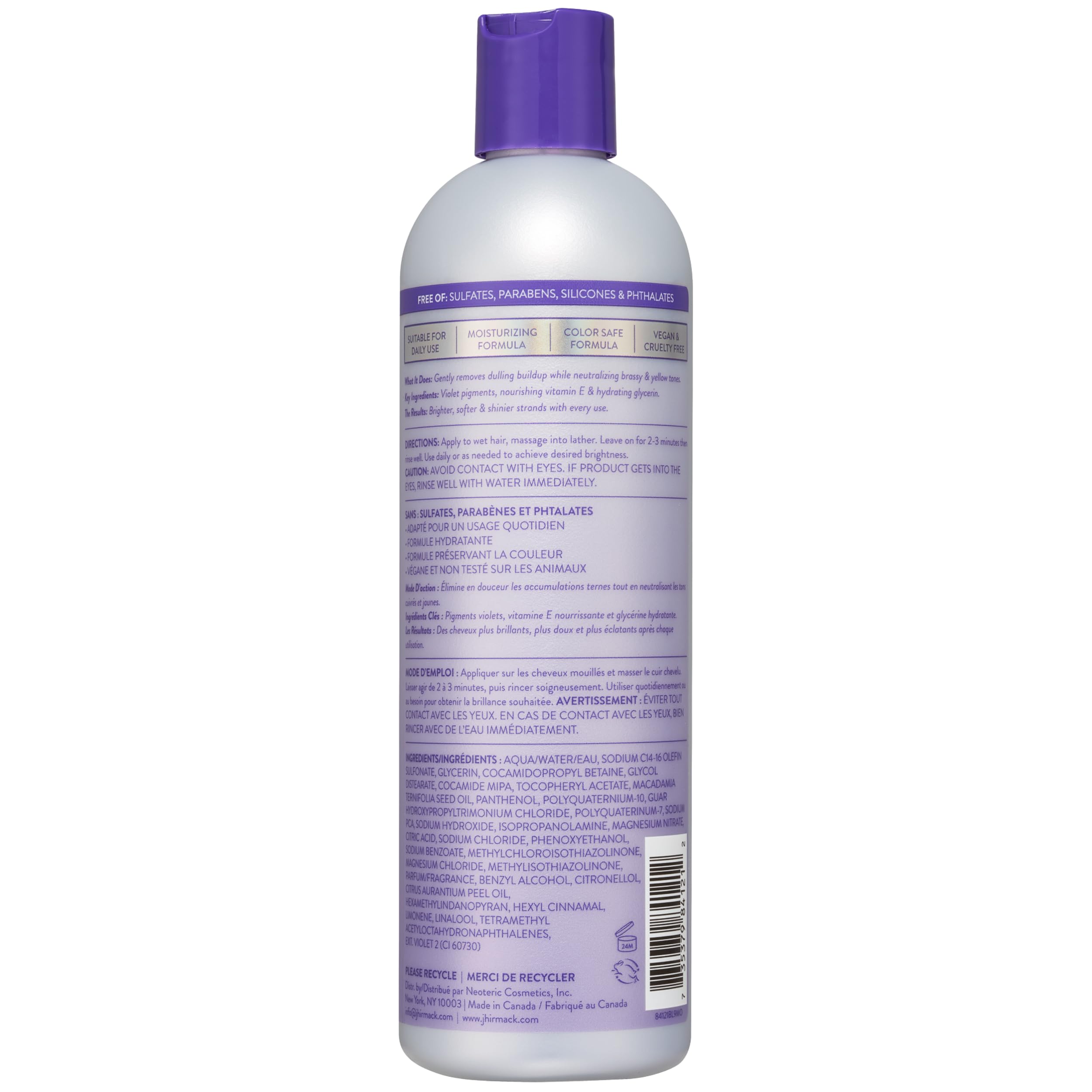 Jhirmack Silver Brightening Purple Shampoo 4-pack on sink illustrating suitability for all silver shades