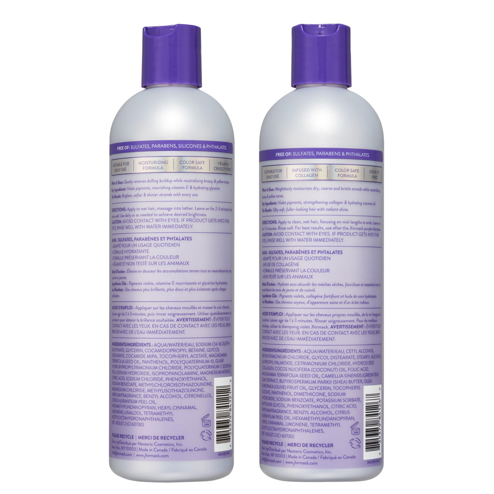 Jhirmack Silver Brightening set on display demonstrates at home care routine.