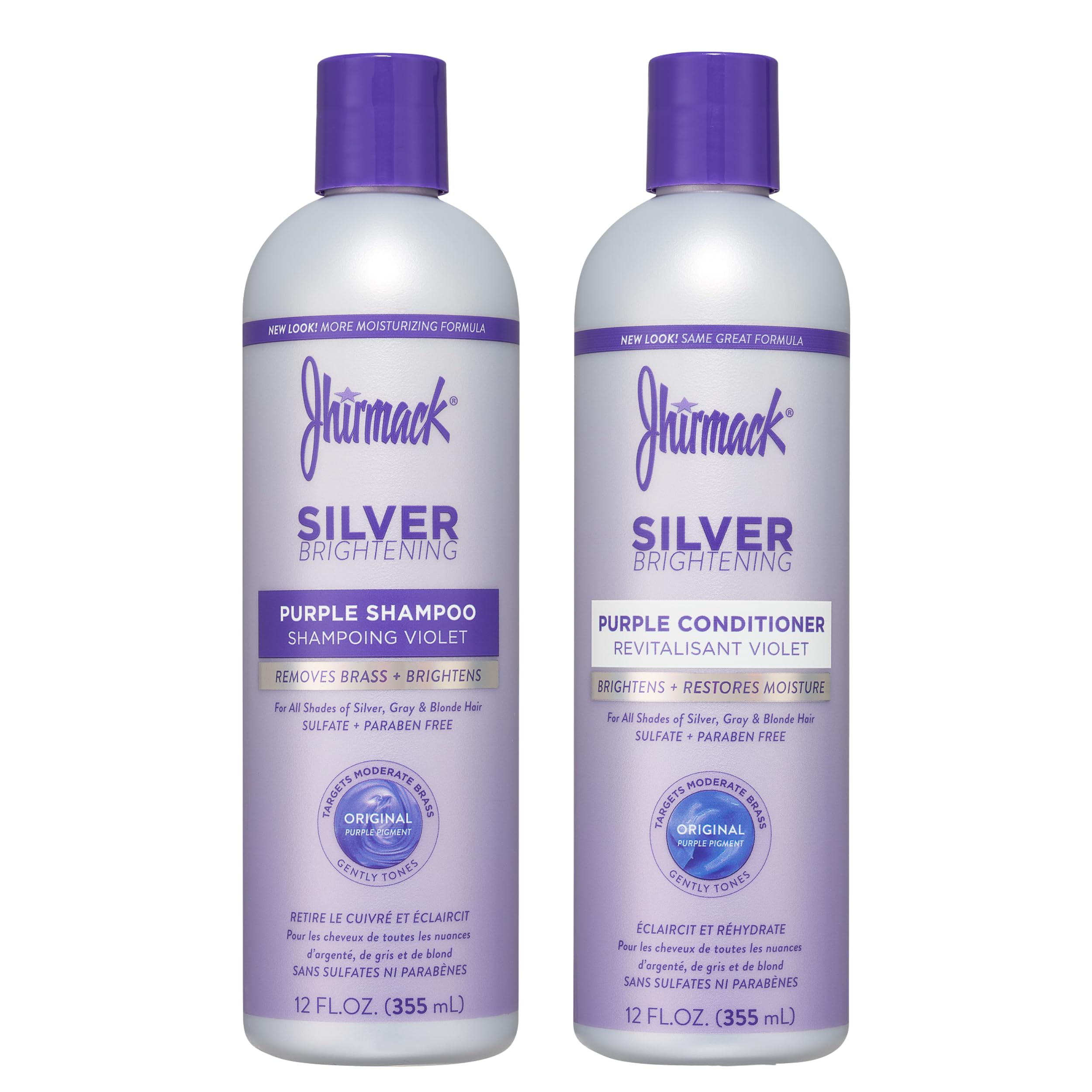 Jhirmack Silver Brightening Shampoo bottle removes brass and brightens silver tones.