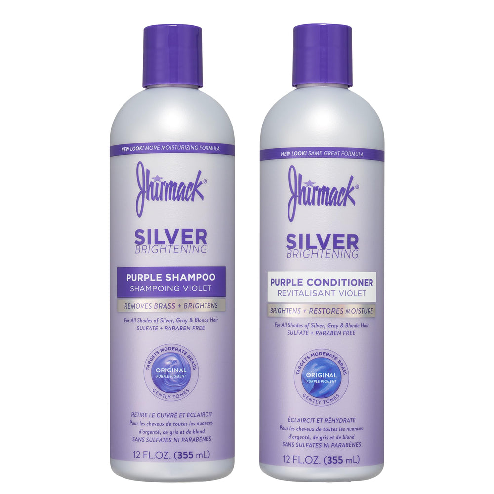 Jhirmack Silver Brightening Shampoo bottle removes brass and brightens silver tones.