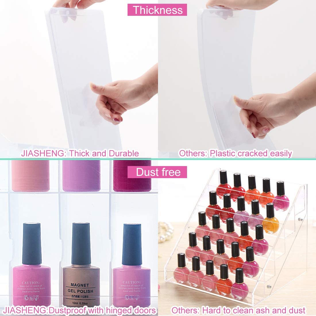 JIASHENG nail polish organizer hinged doors enable easy access from both sides for quick restocks.