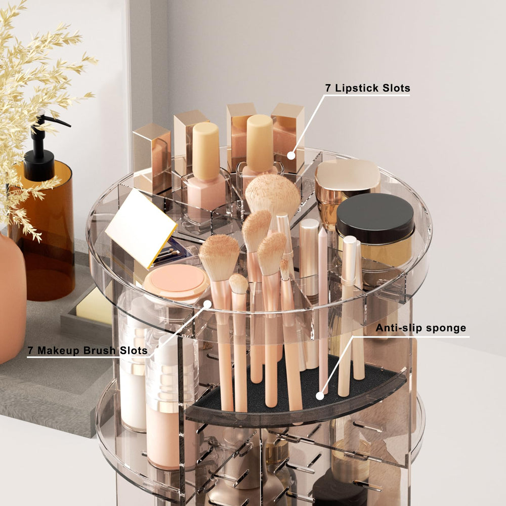 Jiavarry 360 rotating makeup organizer brush-slots close-up demonstrates secure rotation for brushes