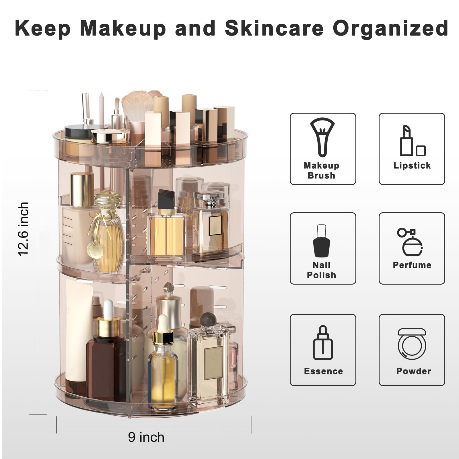 Jiavarry 360 rotating makeup organizer side view highlights compact footprint for space-saving vanity storage