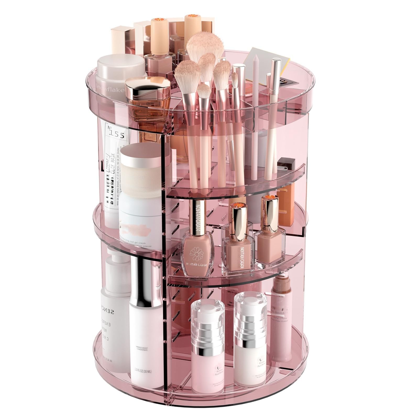 Jiavarry 360 rotating makeup organizer top view showing easy-access cosmetics for quick daily routine.