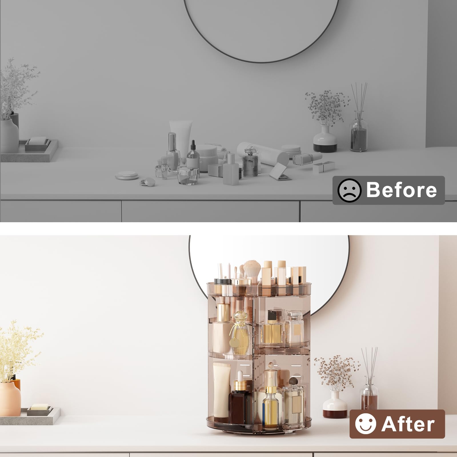 Jiavarry rotating makeup organizer assembly image shows quick setup and secure silicone rings